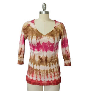 Vintage 90s Glima Tie Dye Top Size S Pink Brown V Neck ASO 1990s Raw Hem